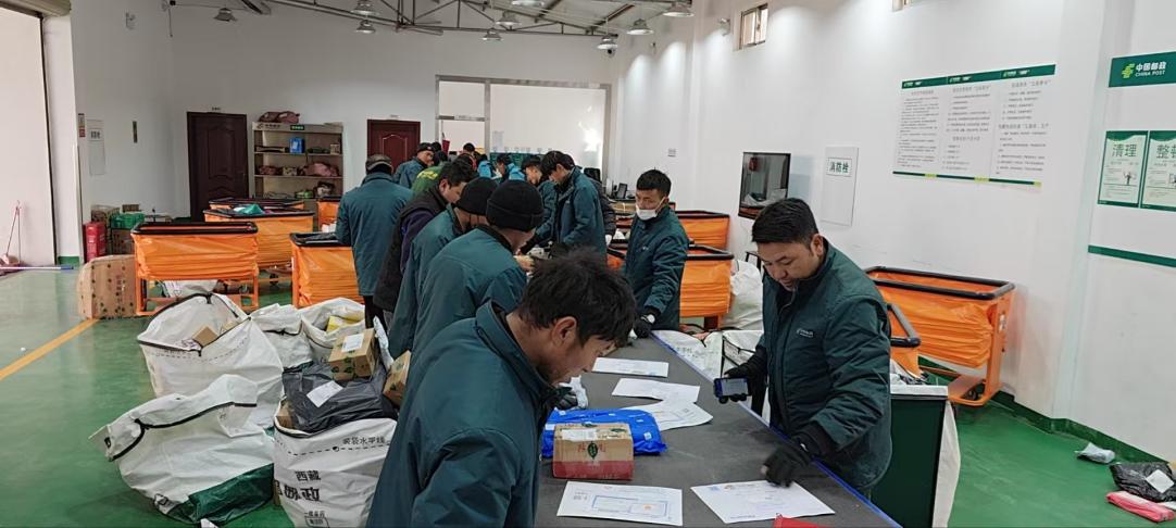 西藏拉薩城東營業(yè)部分揀員正在傳送帶分揀。旦增攝