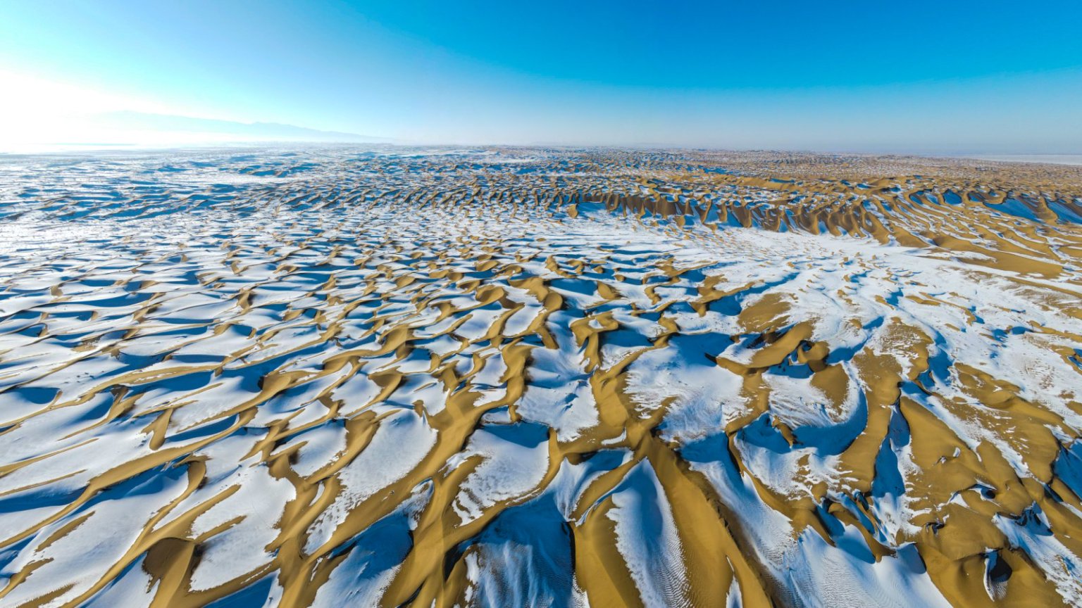 沙丘向陽面的積雪漸漸融化露出金黃色。徐凌波攝