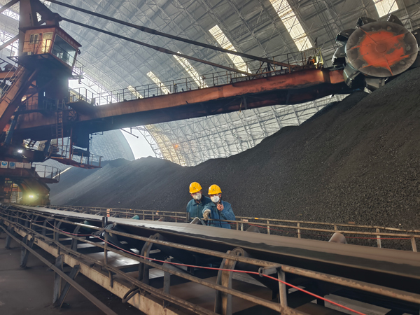 趙善國（右）和同事對電廠煤場進行巡檢。受訪者供圖