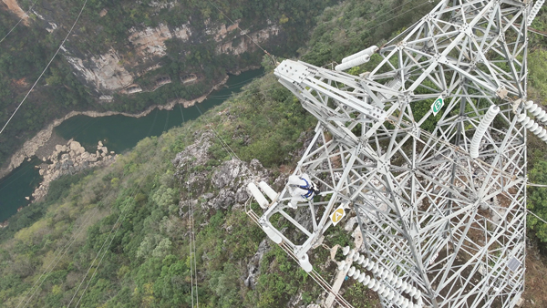 羅統(tǒng)在魯馬Ⅰ線1號塔上進行帶電作業(yè)。受訪者供圖