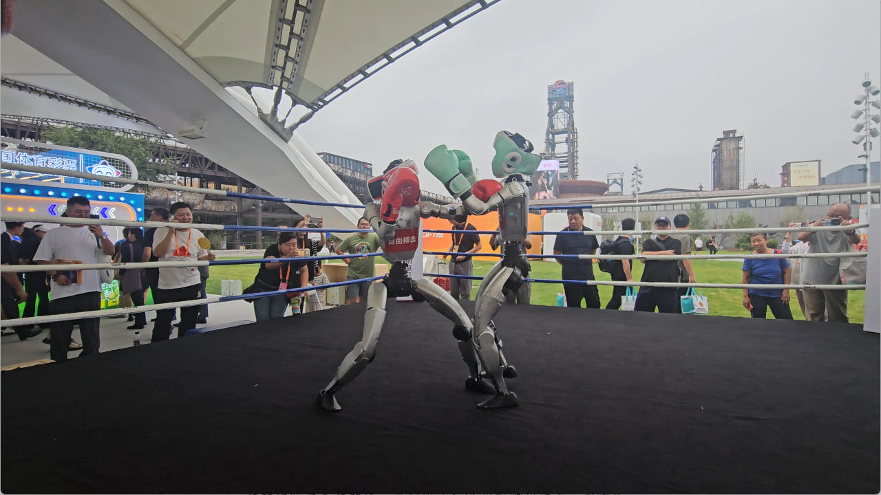 機(jī)器人自由搏擊吸引觀眾駐足觀看。人民網(wǎng)記者 王震攝