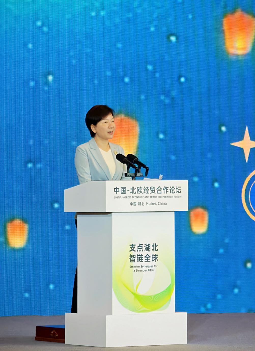 湖北省商務(wù)廳廳長(zhǎng)龍小紅推介湖北省開(kāi)放型經(jīng)濟(jì)發(fā)展情況。主辦方供圖