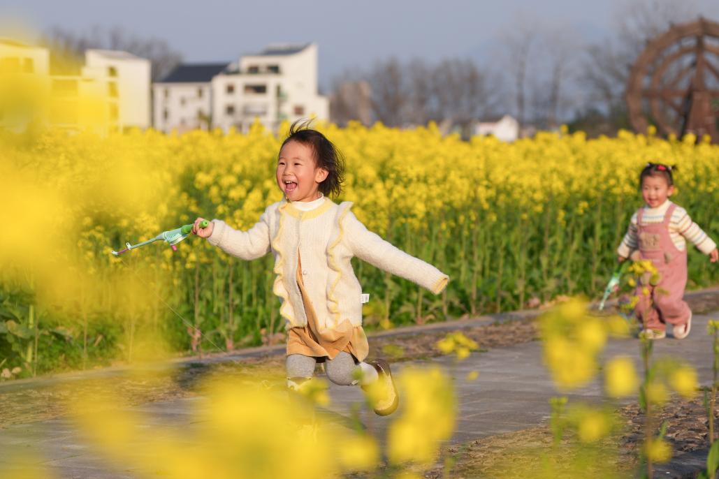 3月11日，小朋友在桐廬縣梅蓉村油菜花田間奔跑、玩耍。 新華社記者 黃宗治 攝