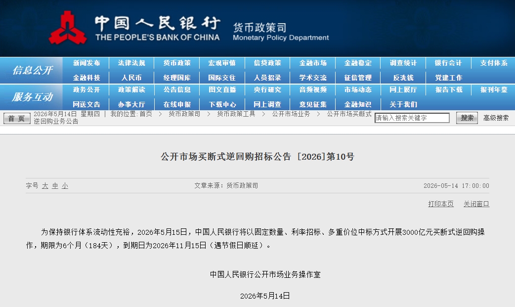 中國人民銀行將開展3000億元買斷式逆回購操作。圖片來源：中國人民銀行官方網(wǎng)站